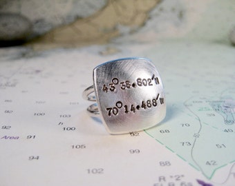 Latitude Longitude Ring - Sterling Silver Square Ring - Personalized with Hand-Stamped Custom Coordinates