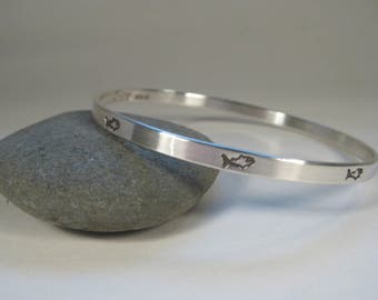 Fish Bracelet - Sterling Silver Stamped Fish Bangle - Handmade and Hand-Stamped in Maine