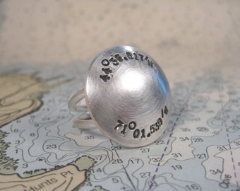 Latitude Longitude Ring - Sterling Silver Personalized Coordinate Jewelry - Silver Dome Ring Personalized with Hand-Stamped Coordinates