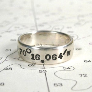Breitengrad Längengrad Ring - Sterling Silber Band - personalisierter handgestempelter Längengrad Breitengrad - Personalisierte Koordinaten Schmuck