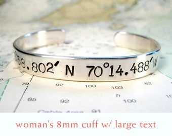 Latitude - Longitude Sterling Silver Women's Cuff (8mm wide w/ large text)
