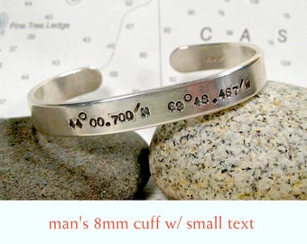 Latitude - Longitude Sterling Silver Men's Cuff (8mm w/ small text)