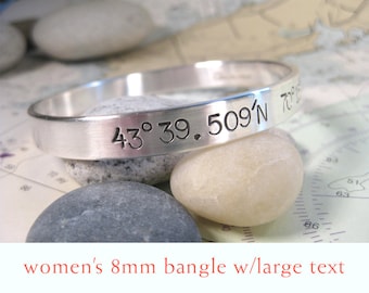 Latitude - Longitude Sterling Silver Women's Bangle (8mm w/ Large Text)