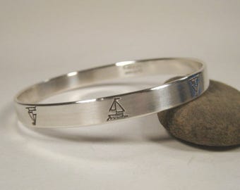 Sailboat Bracelet - Sterling Silver Hand-Stamped Sailboat Bangle - Handmade and Hand-Stamped in Maine