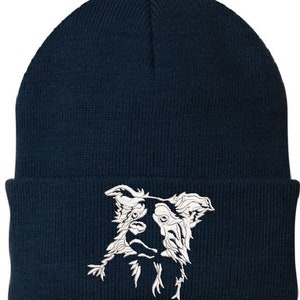 Border Collie Embroidered Knit Hats Navy Blue/White