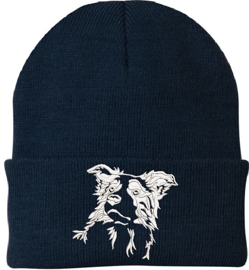 Border Collie Embroidered Knit Hats Navy Blue/White