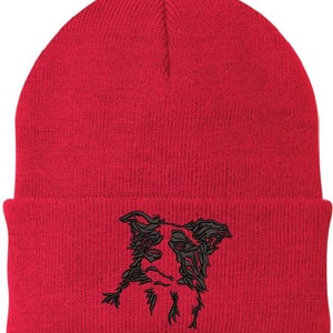 Border Collie Embroidered Knit Hats Red/Black