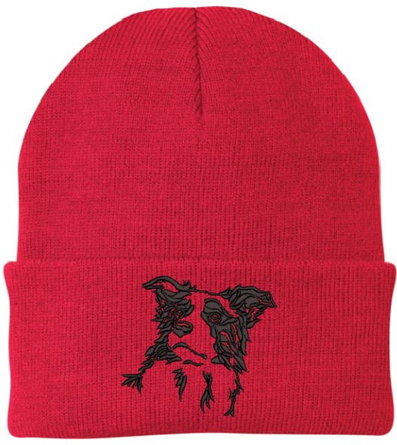 Border Collie Embroidered Knit Hats Red/Black