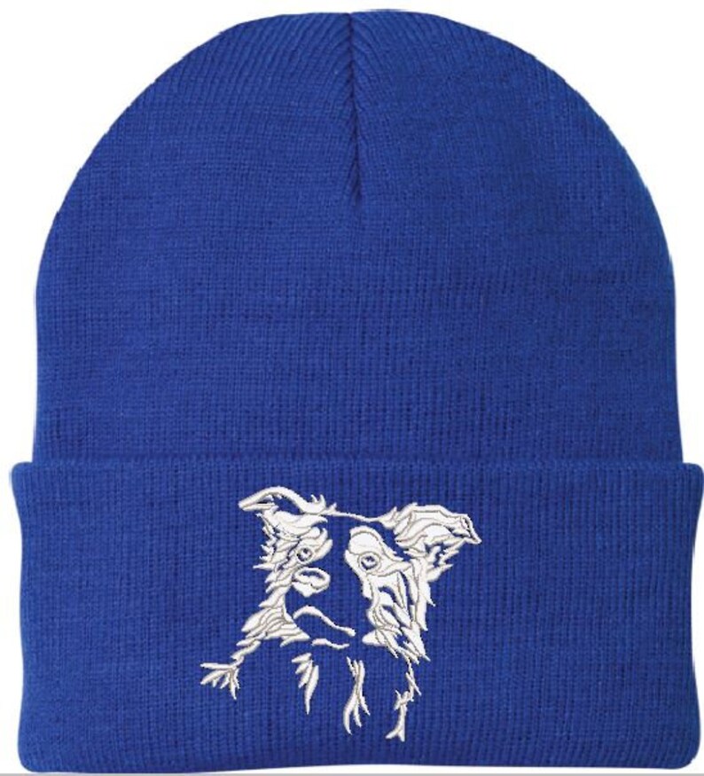 Border Collie Embroidered Knit Hats Royal Blue/White