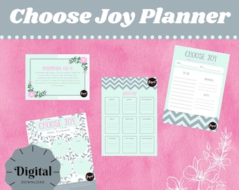 May include: A digital printable planner with a light blue and gray chevron pattern. The planner includes sections for grocery lists, to-do lists, and meal planning. The text "Choose Joy" is featured on the planner pages. The planner is decorated with floral illustrations.