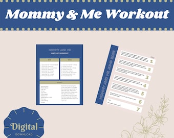 May include: A printable digital download for a mommy and me jump rope workout. The printable features a blue and white color scheme with a floral design in the background. The workout includes a jump rope warm-up and cool-down, as well as a list of activities to do with the jump rope.