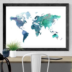 World map print, Aqua map, Watercolor World Map