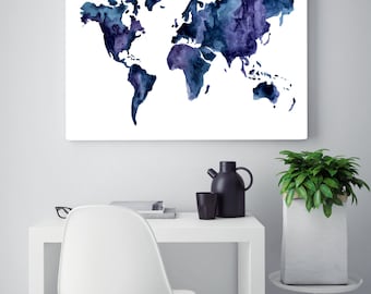 World map wall art / Watercolor World Map / Map home decor