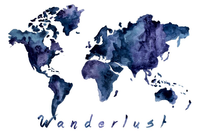 Watercolor World Map World Map Wall Art Wanderlust Print Etsy