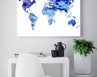 Watercolor world map print, blue map, world map painting, travel wall art