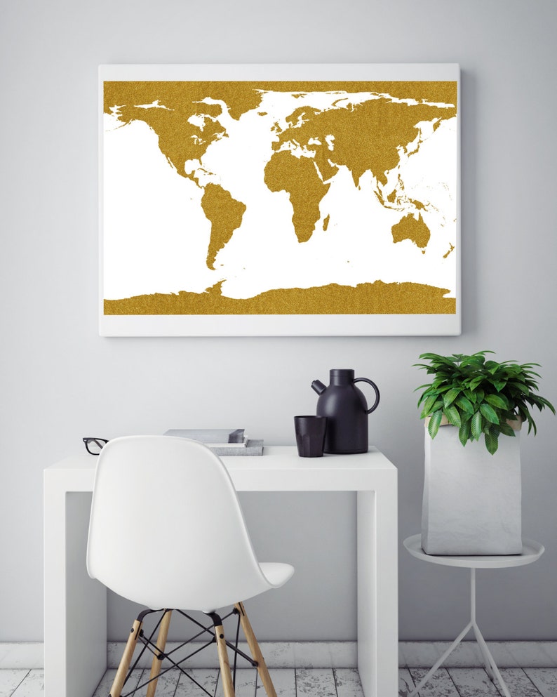 Gold World Map Travel Art Gold World Map Print Etsy