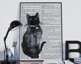 cat print, black cat dictionary print, black cat wall art