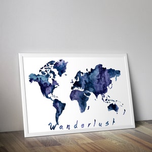 aquarelle carte du monde, monde carte murale de l’art, wanderlust impression, carte de la nostalgie