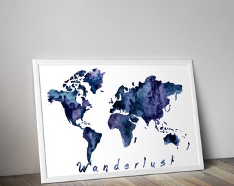 watercolor World Map, world map wall art, wanderlust print, wanderlust map