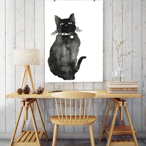 Cat art print, watercolor black cat, cat wall art