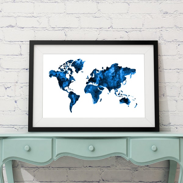 Blue watercolor world map, Digital download print, DIY printable world map