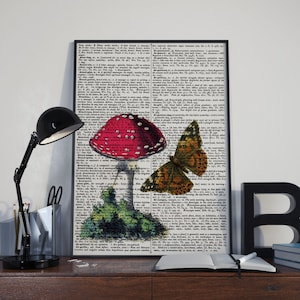 Mushroom and butterfly print, Dictionary print, vintage dictionary print