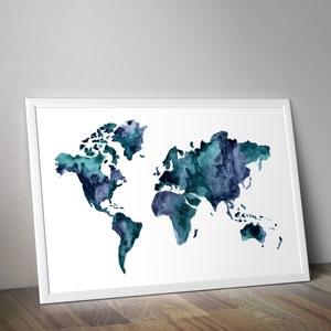 World Map print, aquarel wereldkaart, kaart muur kunst