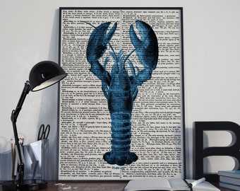 Blue lobster, Lobster print, vintage dictionary art, Dictionary print, Nautical prints