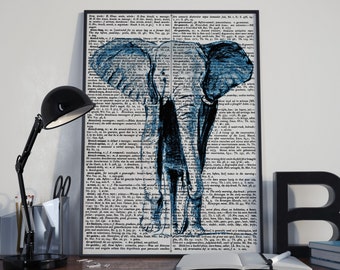 Dictionary print, Elephant art print, elephant illustration, vintage dictionary print