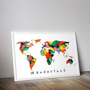 Carte du monde en téléchargement numérique, carte du monde aquarelle multicolore, téléchargement de la carte Wanderlust