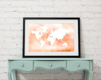 watercolor world map, Peach world map, pink world map, Map poster