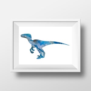 Blue velociraptor, Dinosaur poster, Kids room art, nursery art