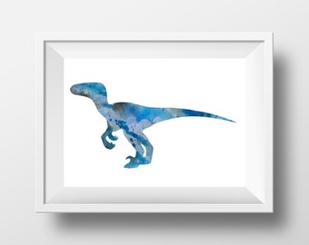 Velociraptor azul, poster de dinosaurios, niños sala arte, arte de vivero