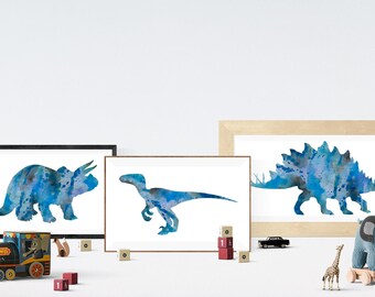 Arte de la pared del dinosaurio azul, decoración de la habitación de los niños, conjunto de 3, decoración de la habitación de los niños
