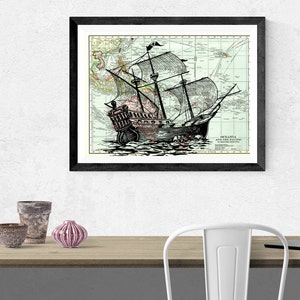 Pirate ship print / Nautical wall art / Vintage map print