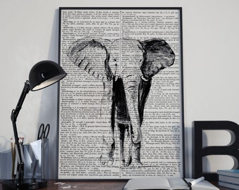 Elephant Art Print / Dictionary art print / elephant drawing