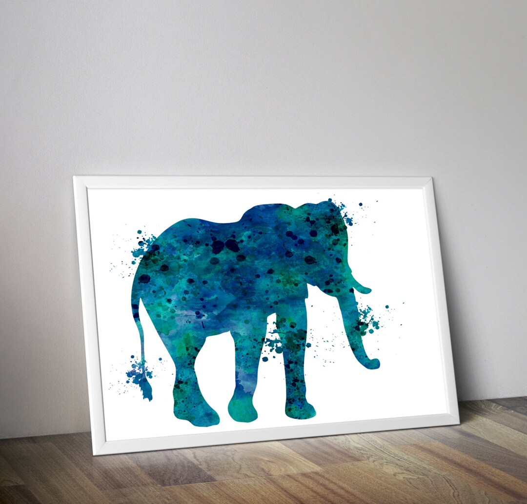 Elephant Wall Art, Watercolor Elephant Print, Blue Elephant
