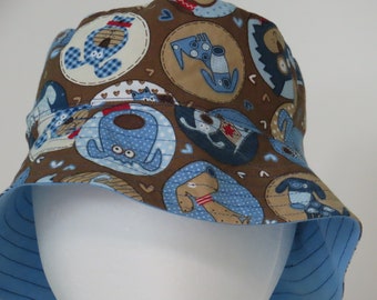 Fun, colorful reversible Bucket Hats for the whole family!  Cute puppy dogs and blue polka dots, Sun hat, summer hat, beach hat