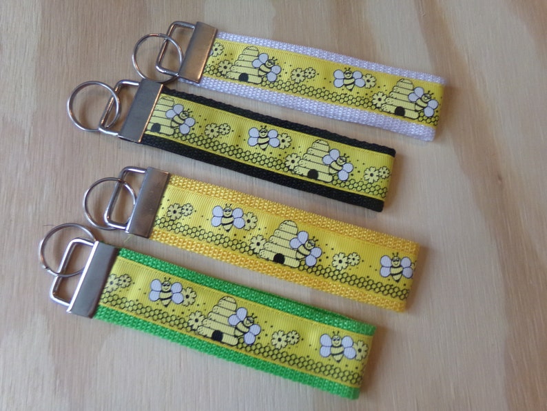 Save the honey bees....ribbon and poly strap, key fob, chain. Wrist. Bees, honey, conservation, nature image 1