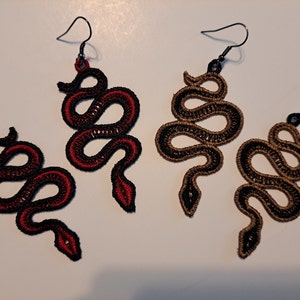 Creepy, crawly snake embroidered, free standing lace wire earrings.  Nickle free wires!  Christmas, birthday, party favors, or just because