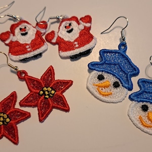 Ho, Ho, Ho!  Adorable Santa, cute snowman or pretty poinsettia embroidered, free standing lace earrings with nickel free wires!  Christmas!