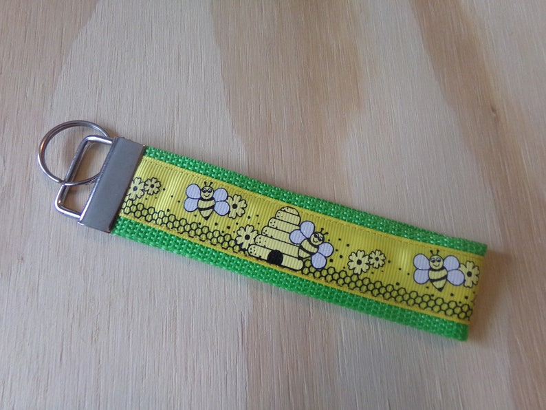 Save the honey bees....ribbon and poly strap, key fob, chain. Wrist. Bees, honey, conservation, nature image 2
