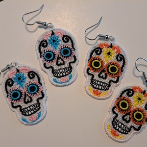 Sugar skull, Calavera embroidered, free standing lace wire earrings.  Nickle free wires!  Christmas, birthday, party favors, or just because