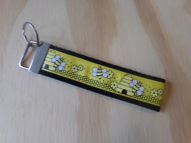 Save the honey bees....ribbon and poly strap, key fob, chain. Wrist. Bees, honey, conservation, nature image 4