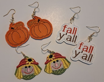 I love the fall!  Friendly scarecrow, bright pumpkin or Fall Y'all embroidered earrings.  Nickel free wires.  Great gifts, party favors, etc