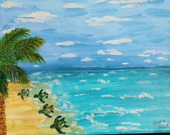 Turtles on the Beach -- 8" X 10" Original Acrylic Painting on Canvas