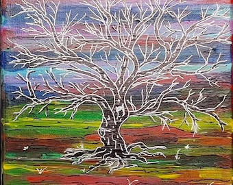 Silver tree on strange terrain-- 8" X 8" Original Acrylic Painting on Canvas