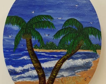 At the Beach: 8" X 10" Oval Original Acrylic Painting on Canvas