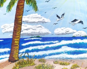 A day at the beach: 14" X 18"" Original Acrylic Painting on Canvas