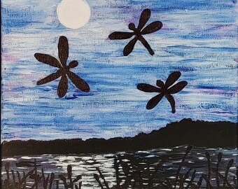 Dragonflies at night - 8" X 8" Original Acrylic Painting on Canvas